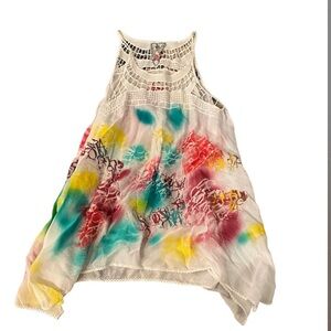 Johnny Was RARE Painted Crochet Trimmed Handkerchief Tank Tunic, size Small